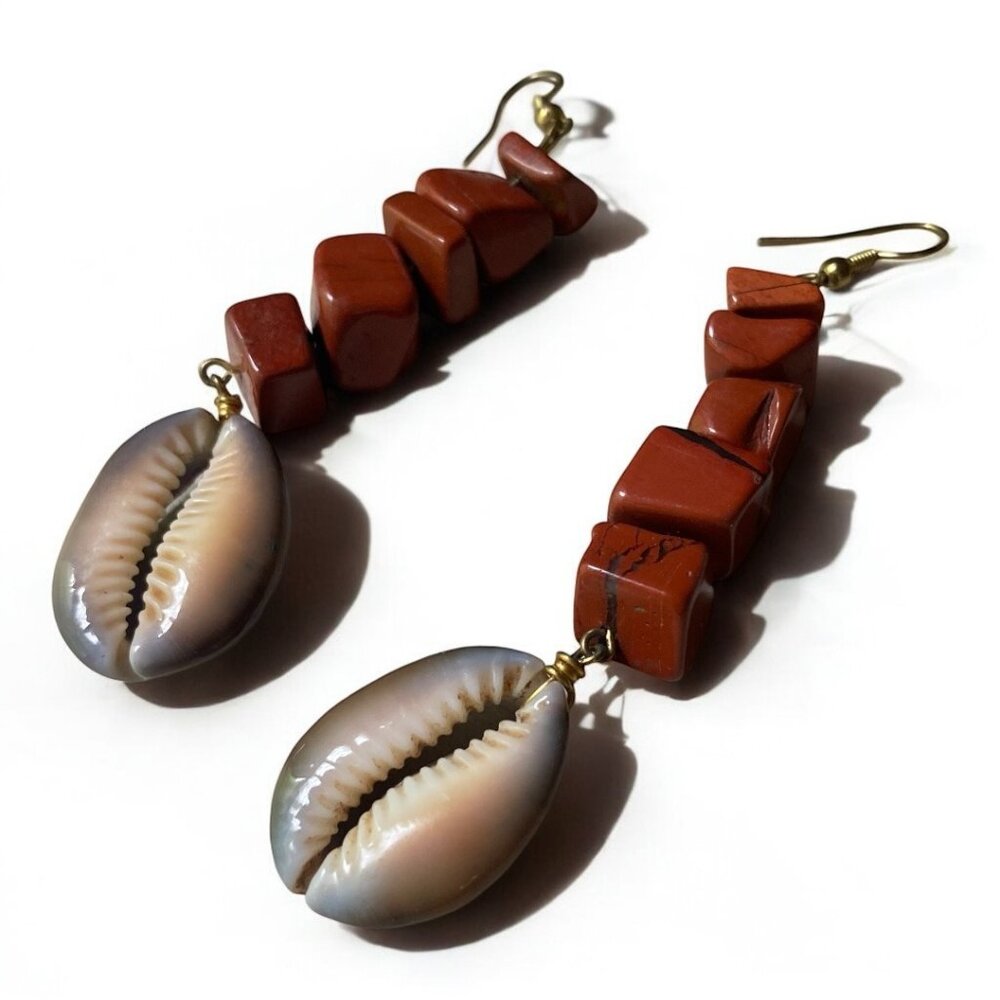 Red Jasper Cowrie Shell Bold Statement Earrings B… - image 1